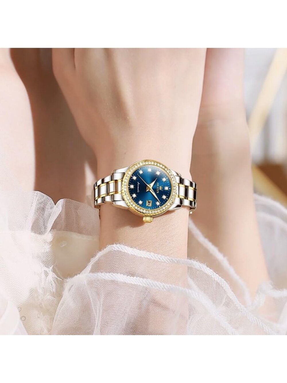 Women's Gold Blue Waterproof Long Band for Medium Wrist Stainless Steel Watch - Picture 6 of 6